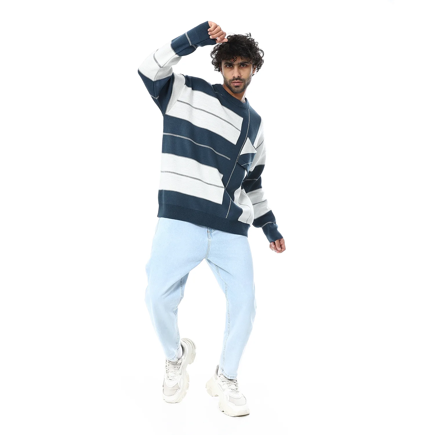 1800191-INDIGO-5-1.webp Coup Collection - Men's Crew Neck Striped Casual Knitwear - Image 1