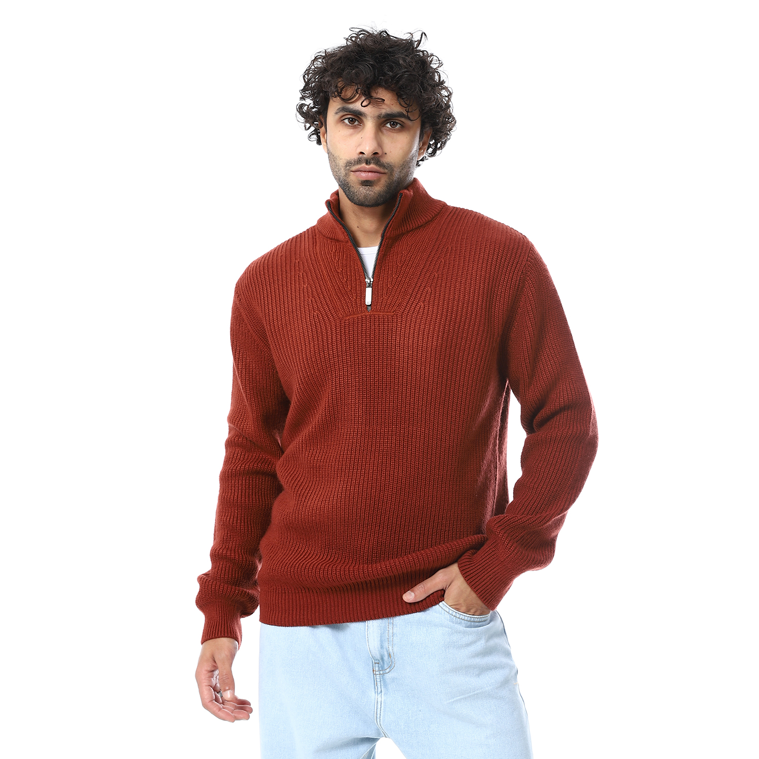 1800210-OXIDE-1 Coup - Men's Rust Quarter-Zip Rib-Knit - Image 1